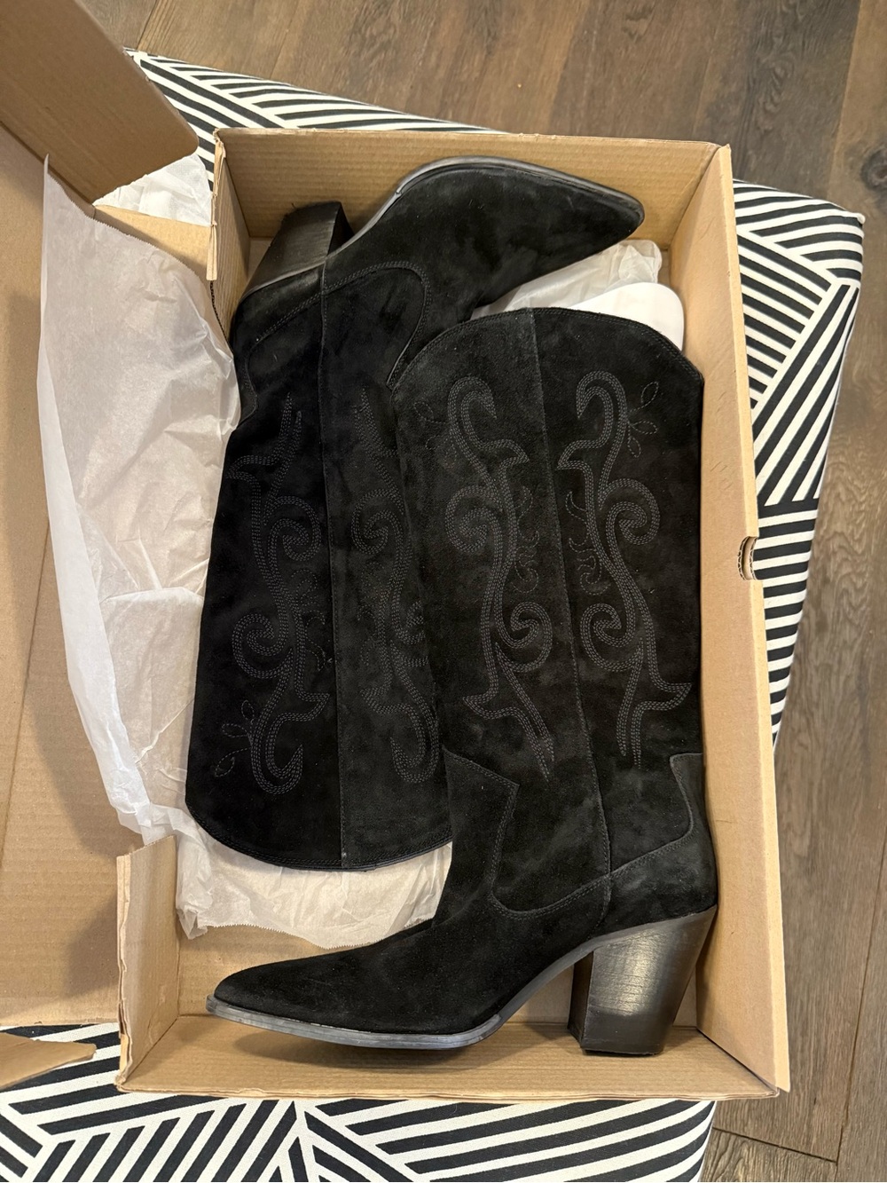 Mango Black Suede Western Knee-High Boots with Embroidered Detail